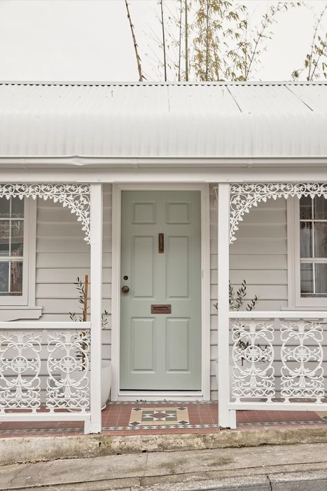 A worker's cottage in Paddington full of natural light Sage Green Front Door Colors, Mint Front Door, Sage Door, Mint Green House, Cottage Exterior Colors, Queenslander Renovation, Queenslander House, Cottage Front Doors, Door Colour