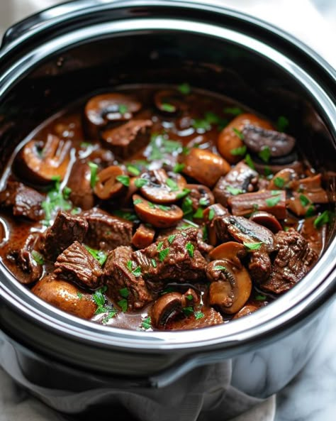 Fabulous! I have this in my slow cooker now and the whole house smells divine! Beef Bourginon, Crockpot Steak Recipes, Beef And Mushrooms, Easy Delicious Meals, Cooktop Cove, Slow Cooker Kitchen, Slow Cooker Steak, Crockpot Cooking, Beef Casserole Recipes