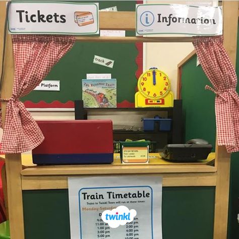 Brilliant train station role play classroom area. Sign up to Twink to download the role play pack, containing train station tickets, timetables, display signs, banners and more! #trains #transport #tickets #roleplay #station #trainstation #timetable #classroom #eyfs #earlyyears #twinkl #twinklresources #nursery #play #indoorplay #teaching #teacher #parenting #homeeducation #diykids Train Role Play Eyfs, Train Station Classroom Theme, Train Station Role Play Eyfs, Role Play Ideas Eyfs, Train Dramatic Play Preschool, Train Station Dramatic Play Preschool, Train Dramatic Play, The Train Ride Eyfs Activities, Trains Eyfs