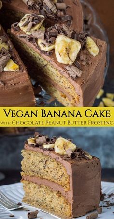 Vegan banana cake with chocolate peanut butter frosting - easy to make, fluffy, moist banana cake filled with smooth, creamy peanut butter and chocolate buttercream. The perfect cake for all occasions! Eggless and dairy free. #vegan #bananacake #vegancake #bananabread #veganbaking Peanut Butter Frosting Easy, Vegan Banana Cake, Chocolate Peanut Butter Frosting, Moist Banana Cake, Vegan Baking Recipes, Peanut Butter And Chocolate, Vegan Cake Recipes, Peanut Butter Frosting, Desserts Vegan