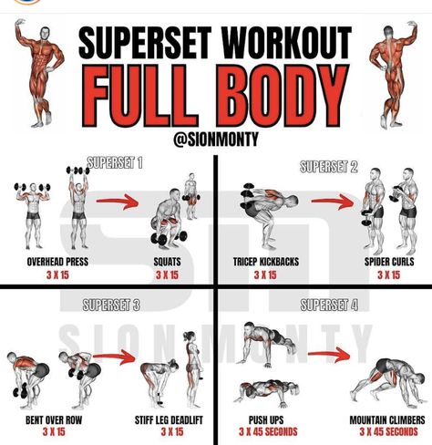 Full Body Dumbbell Superset Workout, 2 Day Full Body Workout Split, Full Body Dumbbell Workout For Men, Full Body Superset Workout, Super Set Workouts, Dumbbell Hiit, Dumbbell Workout Plan, Superset Workout, Dumbbell Workout At Home