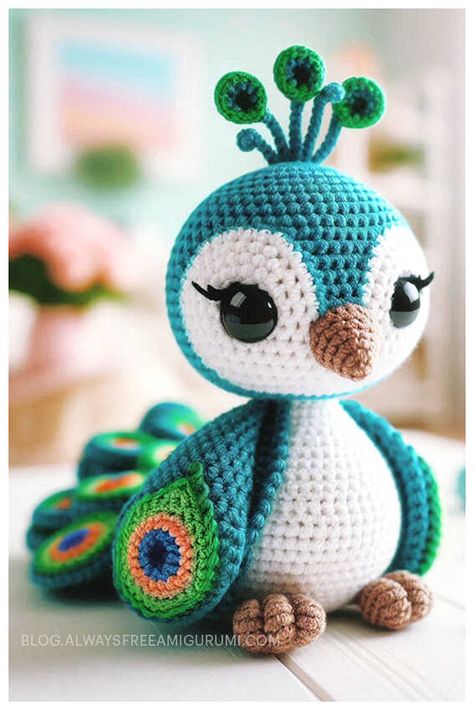 Amigurumi Louis the Peacock Free Crochet Pattern Amigurumi Peacock, Peacock Crochet, Bird Crochet, Crochet Bird Patterns, Crochet Toys Free, Crocheted Toys, Crochet Birds, Crocheted Flowers, Amigurumi Animals