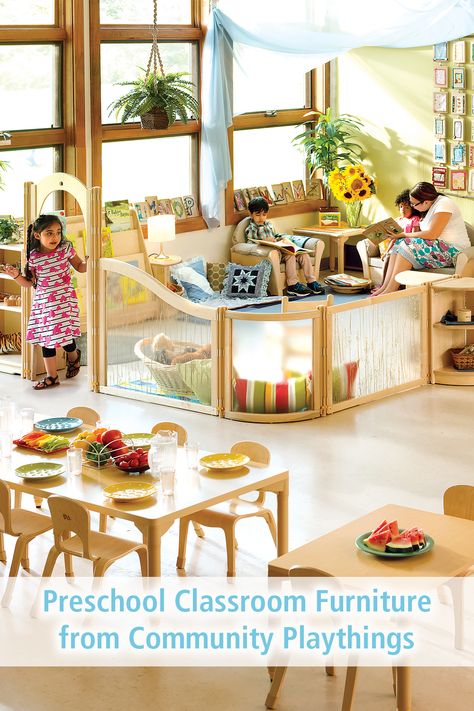 Shop tables and desks, seating, storage, room dividers and more for the kindergarten, preschool, or toddler classroom. Click through to explore! Preschool Room Dividers, Preschool Classroom Furniture, Preschool Interior, Toddler Daycare Rooms, Class Layout, Classroom Architecture, Community Playthings, Daycare Spaces, Importance Of Play