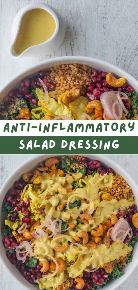 This Anti-Inflammatory Salad Dressing contains curcumin, the active compound in turmeric, that shows a significant improvement in morning stiffness, walking time, and joint swelling, with the complete absence of any side effects in people with rheumatoid arthritis, a chronic systemic inflammatory disorder. Antiinflammatory Salad Recipes, Anti Inflammation Dressing, Plant Based Anti Inflammation Diet, Raw Dressing Recipes, Alkaline Dressing Recipes, Anti Immflamatory Recipes Lunch, Anti Inflammation Salad, Anti Inflammation Meals, Turmeric Salad Dressing