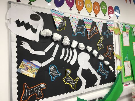 Dinosaur Display Board, Dinosaur Bulletin Board Ideas, Dinosaur Classroom Theme Decor, Wall Magazine Ideas School, Dinosaur Bulletin Boards, Dinosaur Art Projects, Dinosaur Display, Dramatic Play Activities, Dinosaur Classroom