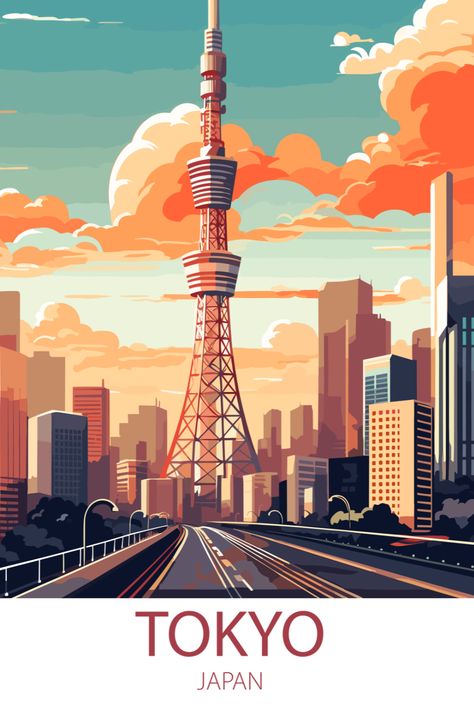 Transport yourself to the serene beauty of Tokyo with our Japanese-inspired wall art collection. From cherry blossoms to historic temples, experience the tranquility of Japan in your home. Shop now and infuse your space with the elegance of Tokyo! Tokyo Travel Poster, Tokyo Illustration City, Japanese City Art, Tokyo Illustration, Tokyo Poster, Famous Cities, Wildlife Artwork, Tokyo City, Canvas Painting Tutorials