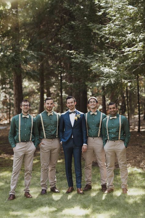 Groomsmen Colored Shirts, Gray And Green Groomsmen Attire, Green Shirt Groomsmen, Groom In Dark Green, Blue Suits With Green Ties, Emerald Green Groomsmen Attire Suspenders, Groomsmen Green Suspenders, Dark Green Groomsmen Attire Suspenders, Bridesman Outfits Green