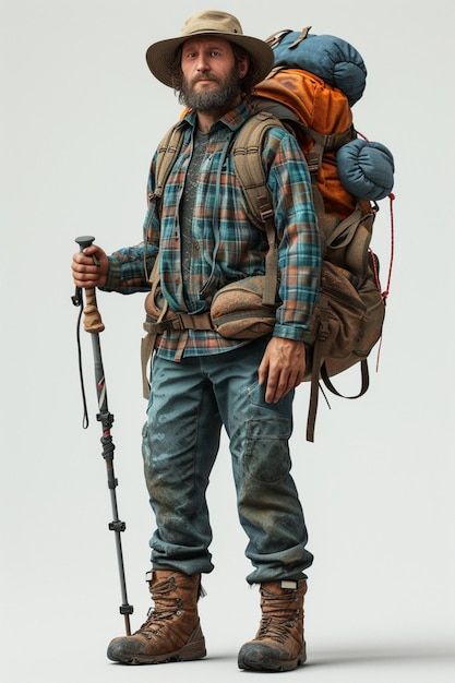 Photo full body character design of hike... | Premium Photo #Freepik #photo Character Design Adventurer, Adventurer Pose, Alberta Outfit, Full Body Character Design, Hiking Outfit For Men, Body Character Design, Hiking Pose, Full Body Character, Hiking Outfit Men