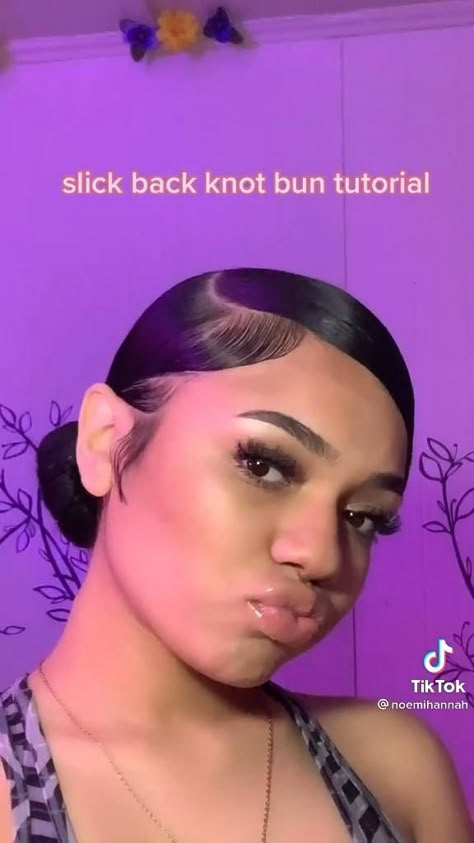 Slick Down Bun Natural Hair, Slick Back Ideas Natural Hair, How To Do A Swoop Bun, Side Part Slick Back Bun Curly Hair, Slick Bun Ideas, Side Swoop Bun Tutorial, Edges For Slick Back Ponytail, How To Make A Slick Back Bun, Slick Part Hair Down