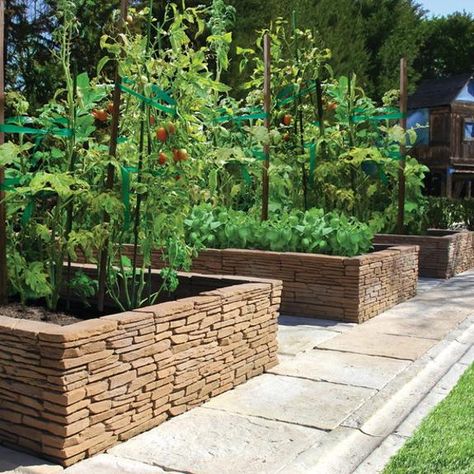 15 Charming Garden Design Ideas with Stone Edges and Raised Beds Raised Garden Designs, Vegetable Garden Beds, Raised Bed Garden Design, Raised Vegetable Gardens, Rock Landscaping, Mediterranean Landscaping, Diy Raised Garden, Raised Garden Beds Diy, Desain Lanskap