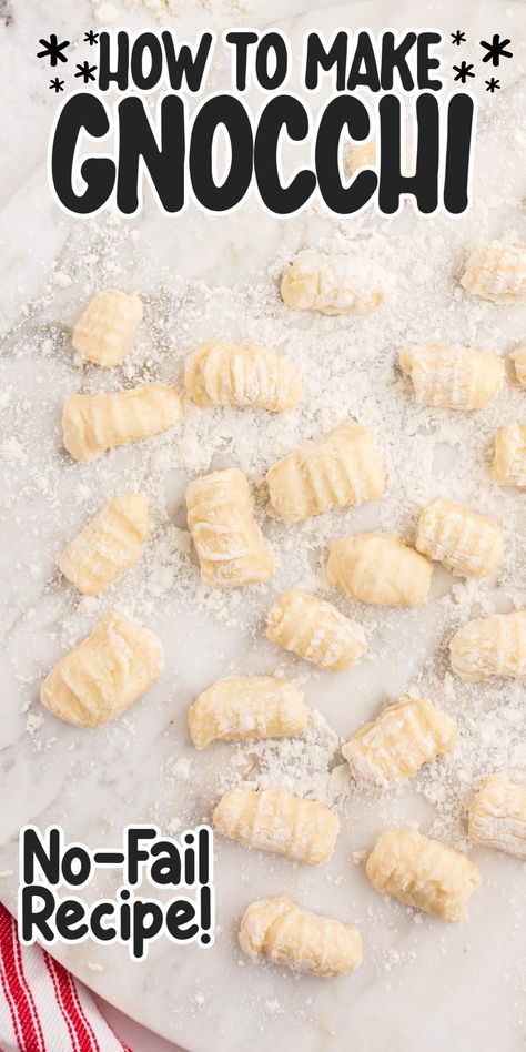 Enjoy soft and comforting homemade potato gnocchi that has just five pantry-staple ingredients. Toss with butter, fresh herbs, and seasoning! Best Gnocchi Recipe, Gnocchi From Scratch, Homemade Potato Gnocchi, Make Gnocchi, Gnocchi Recipes Easy, Gnocchi Recipes Homemade, Gnocchi Dishes, How To Cook Gnocchi, Gnocchi Recipe