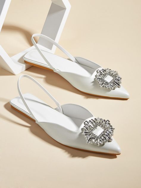 White Fashionable    Plain Slingbacks Embellished   Women Shoes Flat Shoes For Wedding The Bride, Flat Shoes For Bride, Chappals Woman Flats For Wedding, Flat Bride Shoes, Shein Footwear, Bride Flat Shoes, Wedding Shoes Bride Flats, Flat Footwear For Women, Bridal Shoes Flats Sandals