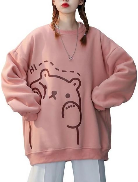 Snuggle up in style with our Kawaii Bear Print Oversized Sweatshirt! 🐻💕 This adorable, comfy sweatshirt features a charming bear design that's perfect for your cozy moments. Stay warm, cute, and on-trend this season with this must-have fashion piece! 😍✨ Oversized Hoodie Outfit, Kawaii Hoodies, Kawaii Sweatshirt, Kawaii Bear, Oversized Clothes, Vintage Crewneck Sweatshirt, Autumn Decoration, Sweatshirt Oversized, Y2k Sweater