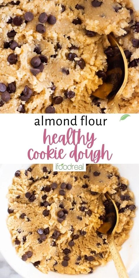 This Healthy Cookie Dough recipe is the answer to all your raw cookie dough cravings! Completely edible, vegan, gluten free, dairy free, and refined sugar free dough loaded with chocolate chips and tastes exactly like the sweet tempting stuff you weren't allowed to eat as a kid! Almond Flour Cookie Dough, Raw Cookie Dough Recipe, Dairy Free Cookie Dough, Edible Cookie Dough Healthy, Healthy Cookie Dough Recipe, Vegan Cookie Dough Recipe, Vegan Chocolate Chip Cookie Dough, Dairy Free Chocolate Chip Cookies, Sugar Free Chocolate Chip Cookies