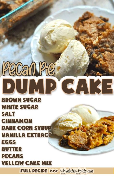 This recipe for pecan pie dump cake is a great mix of rich, buttery cake and nutty pecan pie. Perfect easy recipe to make in the fall or winter! Pecan Pie Dump Cake, Recipe For Pecan Pie, Cake Crumble, Pecan Desserts Recipes, Pecan Pie Cobbler, Quick And Easy Sweet Treats, Pecan Pie Cake, Pecan Cobbler, Pecan Desserts