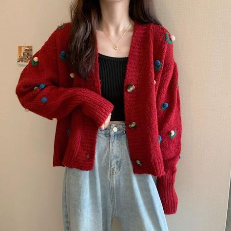 Cardigan Outfit Korean, Outfit Korean Style, University Outfit, Outfit Korean, Clothes Korean Style, Red Cardigan, Cardigan Outfits, Vest Outfits, Knitted Cardigan