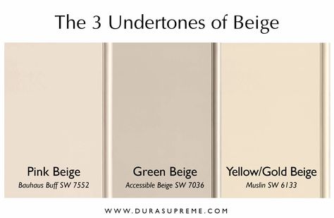 The 3 Undertones of the color Beige, pink-beige, green-beige, and yellow/gold beige. Featuring Bauhaus Bluff SW7552, Accessible Beige SW7036, and Muslin SW6133 by Sherwin-Williams. Did you know pretty much every color has an #undertone? #Undertones are a key component to pay attention to when pulling together a truly polished kitchen design. When you’re selecting your cabinets, counters, tiles, hardware, flooring, etc. it important to understand undertones and avoid clashing colors. Luxury Beige Kitchen, Pink Beige Kitchen Cabinets, Kitchen Beige Color, Beige Green Undertones, Pink Beige Cabinets, Pink Beige Kitchen, Kitchen Colour Combination Beige, Beige Cabinets Satin, Best Beige Cabinet Color