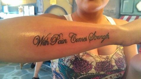 Words On Arm Tattoo, With Pain Comes Strength, Rosary Tattoo On Hand, Serenity Tattoo, Arm Tattos, Side Arm Tattoos, Tattoo Thoughts, Hand Tattoos For Girls, Strength Tattoo