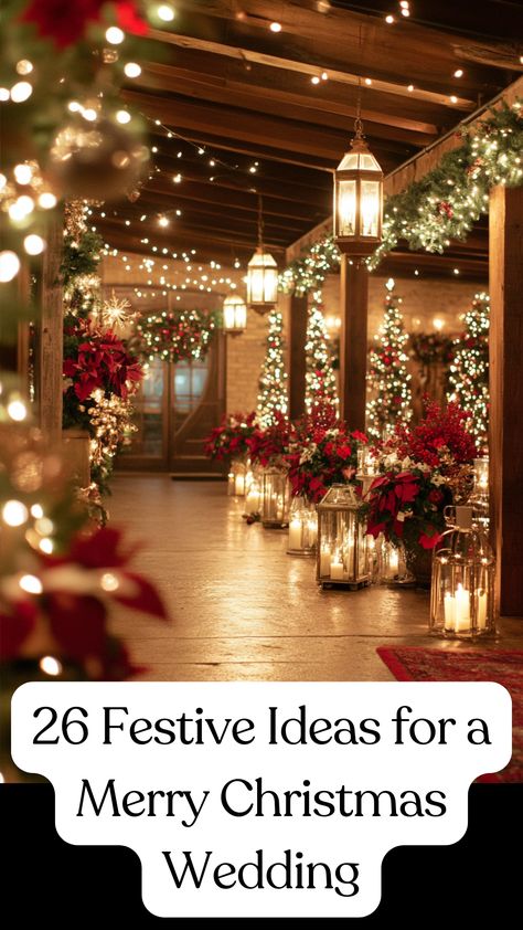 A beautifully decorated Christmas wedding venue with festive holiday décor, including twinkling lights, red and green accents, and seasonal flowers, creating a magical winter wonderland atmosphere. Christmas Themed Engagement Party Ideas, Horse Drawn Carriage Wedding Winter, Holiday Engagement Party Ideas, Christmas Arch Wedding, December Wedding Decor Ideas, Wedding Christmas Favors, Christmas Wedding Head Table Decor, Outside Winter Wedding Ideas, Christmas Wedding Background