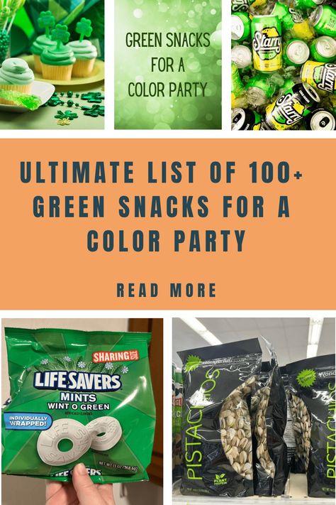 "Get ready to go green with our Ultimate List of 100+ Green Snacks for Color Parties! From zesty treats to sweet indulgences, find the perfect green goodies to dazzle your taste buds and impress at any gathering. Elevate your snacking game with a burst of vibrant color! #ColorParty #GreenSnacks #TikTokTrend" Green Candy Bar Ideas, Green Treats For Kids, Green Ideas For Color Party, Green St Patricks Day Snacks, Green Colored Snacks, Green Packaged Snacks, Color Party Ideas For Adults Green Food, March Themed Party Ideas, Green Color Party Ideas