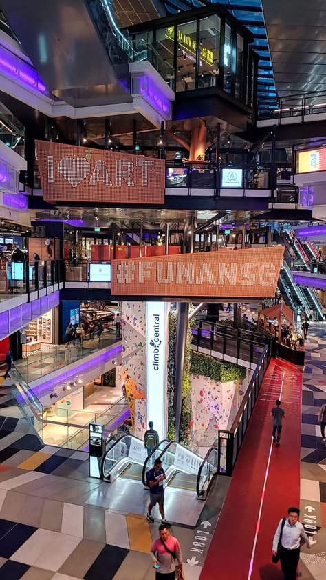 Singapore Shopping Mall, Futuristic Mall, Singapore Mall, Funan Mall, Shopping Centre Design, Singapore Shopping, Tourist Information Center, Double Volume, Shopping Mall Design