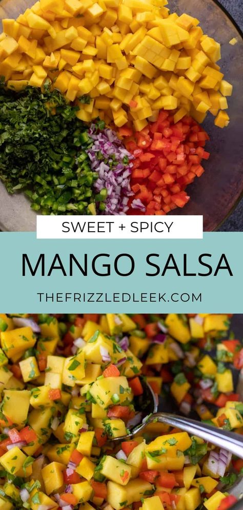 This spicy mango salsa with jalapenos tastes great on everything! Top Jerk Chicken, Fish Tacos, Chicken Tacos, Mahi Mahi, Buritto Bowls, etc. To make this salsa spicy we add whole jalapeno seeds and all to give it a kick. If this recipe is too spicy just so seedless on the chili pepper. To find out how to diced a mango properly check out this recipe post to find all my tips, tricks, and hacks on the perfect mango salsa! #mango #salsa #summer Mango Spicy, Tropical Salsa, Healthy 2024, Salsa Mango, Tacos Chicken, Fresh Mango Salsa, Grilled Fish Tacos, Grilled Halibut, Grilled Fish Recipes