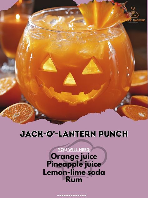 🎃🍹 Get into the Halloween spirit with Jack-O'-Lantern Punch – a festive and fun drink for your spooky celebrations! 👻🕸️ #JackOLanternPunch #HalloweenDrinks Jack-O'-Lantern Punch Ingredients: Orange juice (2 cups) Pineapple juice (1 cup) Lemon-lime soda (1 cup) Rum (1 oz) Ice (as needed) Orange slices (for garnish) Instructions: Mix orange juice, pineapple juice, lemon-lime soda, and rum in a punch bowl. Add ice and stir well. Garnish with orange slices. Celebrate with Jack-O'-Lantern Punc... Fun Halloween Drinks, Halloween Party Punch, Jungle Juice Recipe, Halloween Alcohol, Halloween Punch Recipes, Halloween Juice, Halloween Party Drinks, Orange Food, Fun Drinks Alcohol