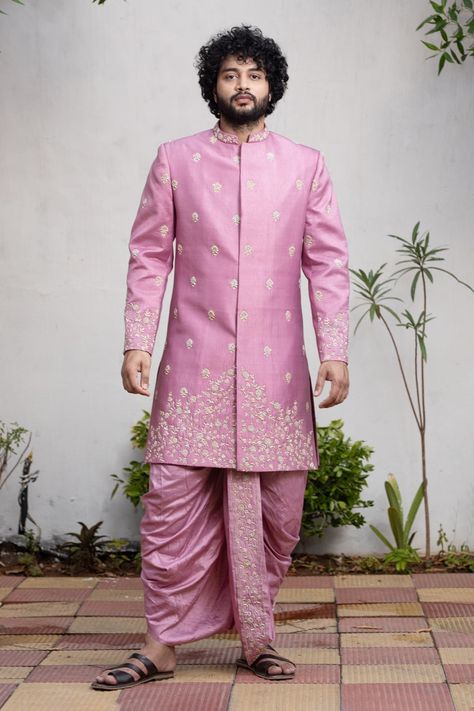 Shop for these amazing collections of Purple Dupion Silk Embroidered Zardozi Work Sherwani Set For Men by Hilo Design online at Aza Fashions. Kurta Dothi For Men, Sherwani Embroidery, Purple Sherwani, Dressing Men, Boys Dresses, Sherwani For Men Wedding, Indian Groom Wear, Wedding Dresses Men Indian, Zardozi Work