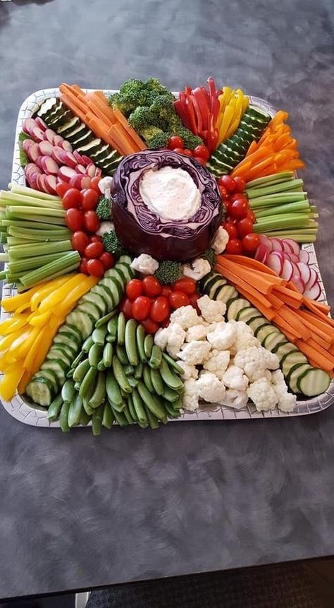 Cool Veggie Trays, Arranging Vegetable Trays, Veggie Platter Ideas Trays Presentation Wedding, Veggie Sticks Platter, Vegetable And Cheese Tray Ideas, Veg Platter Ideas Party, Cross Veggie Tray Ideas, Meat And Veggie Tray Ideas, Meat Cheese Veggie Fruit Platter