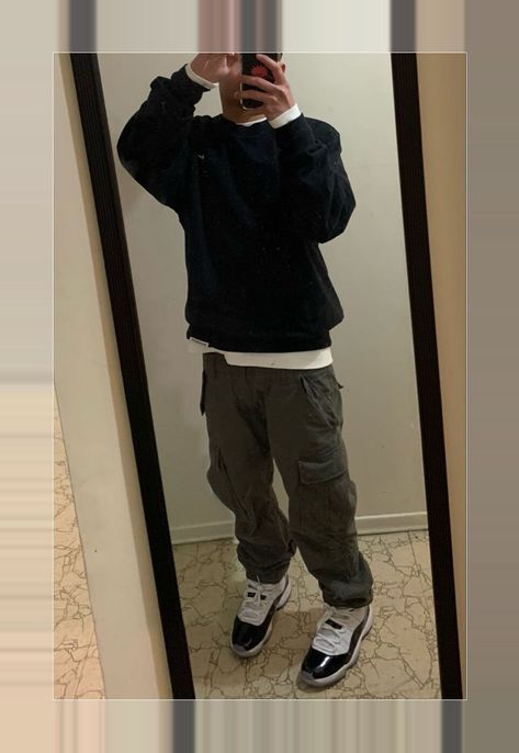 Nike Crewneck Outfit Men, Aj11 Outfit Men, Carhartt Cargos Outfits, Cargos And Crewneck, Concord Bred 11 Outfit, Black Nike Crewneck Outfit, Jordan Bred 11 Outfits Men, Black Carhartt Pants Outfit Men, J11 Outfit For Men