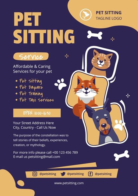 Hand-drawn Professional The Pet Sitting Service Poster Pet Shop Poster Design, Pet Sitter Flyer, Dog Sitting Flyers, Pet Sitting Flyer Ideas, Pet Poster Design, Dog Poster Design, Pet Sitting Flyer, Dog Walking Flyer, Dog Sitting Business