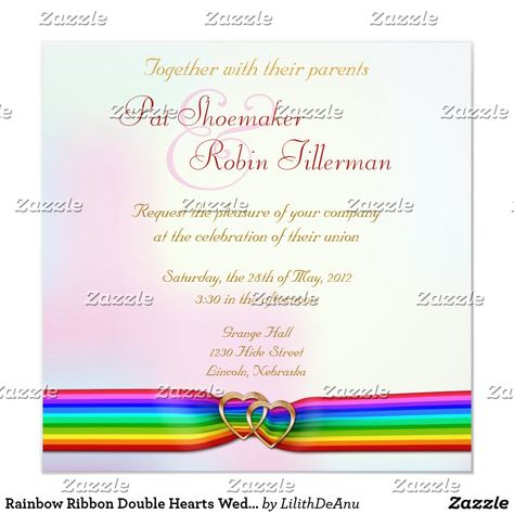 Rainbow Ribbon Double Hearts Wedding Invitation 2 Celtic Wedding Invitations, Lesbian Wedding Invitations, Hockey Wedding, Gay Wedding Invitations, Rainbow Color Background, Peacock Wedding Invitations, Heart Wedding Invitations, Invitation Design Template, Rainbow Ribbon