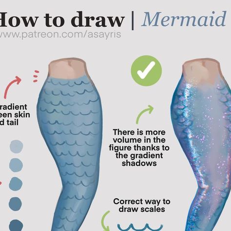 @asayris_tutorials on Instagram: "How to improve a mermaid tail drawing! 💙 Full step-by-step written tutorial available on my Patreon ⭐️  #arttips #mermaid #arttutorial #sketch" Human With Tail Drawing, How To Draw Scales Mermaid, Wet Hair Tutorial Drawing, Mermaid How To Draw, How To Draw Mermaid Tail, How To Draw A Mermaid Tail, Mermaid Scales Drawing, Mermaid Ych, How To Draw A Mermaid