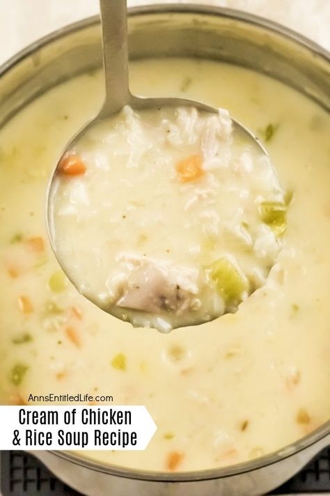 Cream of Chicken and Rice Soup Recipe. This cream of chicken and rice soup is a great use of leftover chicken! It is full of vegetables and a secret ingredient that makes this soup rich and flavorful. When you are craving a delicious chicken soup, make this wonderful recipe. Logan’s Chicken And Rice Soup, Chicken N Rice Soup Recipes, Instant Pot Creamy Chicken And Rice Soup, Cream Of Chicken With Rice Soup, Creamy Chicken And Rice Soup Recipes, Cream Of Chicken Rice Soup Recipes, Cream Of Chicken Soup With Rice, Restaurant Style Cream Of Chicken Rice Soup, Cream Of Chicken Soup And Rice