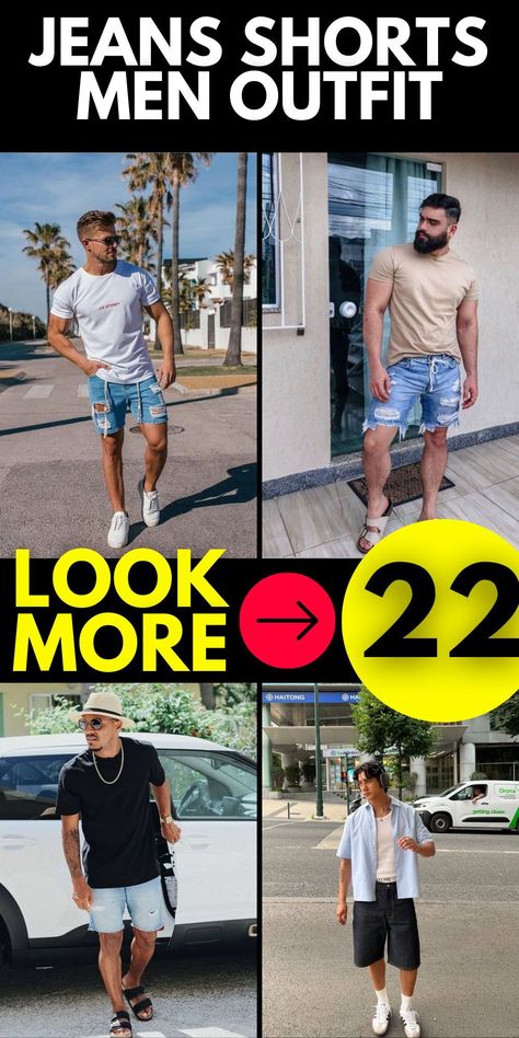 Step up your style game with a jean shorts men outfit that exudes Y2K aesthetic. Pair distressed denim cutoffs with a black jacket and add your own custom touches for a look that's both edgy and unique. Whether you're hitting the streets or hanging out with friends, this outfit is sure to make a statement. Jean Shorts Men Outfit, Denim Shorts Outfit, Mens Shorts Outfits, Blue Y2k, Mens Denim Shorts, Ripped Jean Shorts, Y2k Jacket, Mens Club, 90s Aesthetic