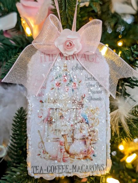 Shabby Victorian Glass Glitter Decoupage Tea Shop Pink Roses Christmas Ornament | eBay Gingerbread Christmas Gift Tags, Collage Christmas Ornaments, Vintage Christmas Paper Crafts, Diy Pink Christmas Ornaments, Decoupage Christmas Ornaments, Christmas Ornament Favors, Christmas Fundraiser, Christmas Cubicle, Tags For Handmade Items