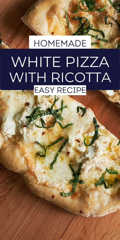 Blanca Pizza Recipe, White Ricotta Pizza, Naan White Pizza Recipes, Homemade White Sauce Pizza, White Pizza With Ricotta Cheese, Homemade White Pizza Recipe, Ricotta On Pizza, White French Bread Pizza, Ricotta Pizza Sauce