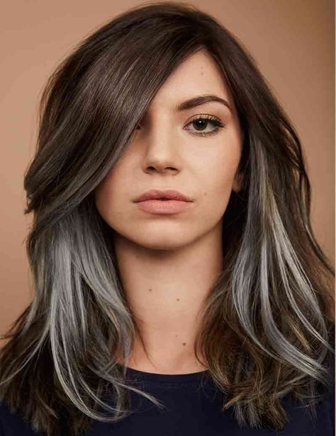 Chrome Brown Hair, brown hair with silver underlights Silver Underlights, Chrome Hair, Peekaboo Hair Colors, Underlights Hair, Peekaboo Hair, Hair Silver, Hair Streaks, Balayage Blonde, Silver Hair Color