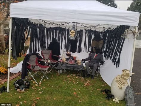 Diy Halloween Tent Decor, Canopy Halloween Ideas, Ez Up Tent Decor Halloween, Halloween Tent Decorations, Diy Haunted House Tent, Halloween Tent Decorating Ideas Outdoor, Haunted Canopy Tent, Halloween Pop Up Tent Decorating Ideas, Halloween Party Tent Decorations