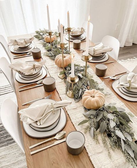 9 Thanksgiving Tablescape Ideas - Lauren Erro Thanksgiving Table Farmhouse, Fall Table Set Up Ideas, Thanks Giving Dinner Table Setting, Crate And Barrel Table Setting, Fall Dining Table Decor Ideas Modern, Eucalyptus Thanksgiving Table, Thanksgiving Dinner Table Set Up, Modern Organic Thanksgiving Table, Table Setting With Bowls