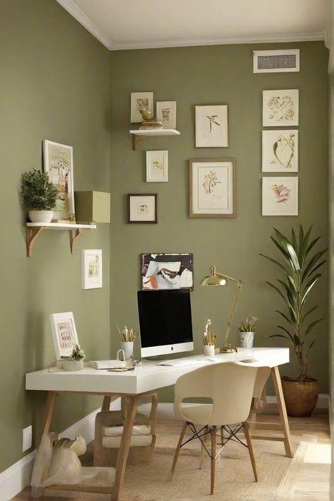 interior design,home decor,wall painting,home office Sage Home Office Ideas, Small Green Office, Office Paint Colors Business, Sage Green Home Office, Green Study Room, Green Office Ideas, Light Green Office, Office Interior Design Modern Workspaces, Sage Green Office