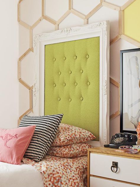 Why didn't we think of that?! A picture frame headboard! #DIY #hgtvmagazine http://www.hgtv.com/handmade/how-to-picture-frame-headboard/index.html?soc=pinterest Diy Headboard Ideas Easy, Picture Frame Headboard, Upcycle Headboard, Picture Headboard, Plywood Headboard, Headboard Projects, How To Make Headboard, Headboard Ideas, Headboard With Lights