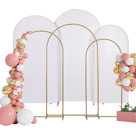 PRICES MAY VARY. 【3 Piece Wedding Arch Stand Set】3 Metal Wedding Arch Background Stands size--7.2 H x 4 W ft / 6.6 H x 3.2 W ft / 6 H x 2.6 W ft, made of high-quality iron material, frame surface covered with smooth powder coated gold paint, resistant for outdoor environments, very strong and durable. The elegant arch shape of our golden arch backdrop provides a beautiful backdrop for your event. 【3 Pcs White Wedding Arch Covers】You will get 3 pieces of white 2 sides wedding arch cover set. The stretch fabric cover is soft and comfortable to the touch, dense and light-resistant, and fits perfectly to the arch bracket without slipping or tumbling in the wind. The cover fabric is stain and wrinkle resistant, washable and reusable, durable and long-lasting, easy to store and does not fade eas Bridal Shower Photography, Arch Backdrop Stand, Wedding Arch Backdrop, White Wedding Arch, Arch Frame, Metal Wedding Arch, Arch Backdrop, Metal Arch, Golden Wedding