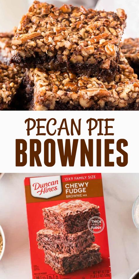 These pecan pie brownies are a brownie lover's dream! A fun twist on two favorite dessert recipes. Coconut Pecan Brownies, Peacon Pie Brownies, Easy Pecan Pie Brownies, Brownie Thanksgiving Desserts, Pecan Brownie Pie, Pecan Pie Brownies Recipe Easy, Pecan Pie Brownies With Box Brownies, Pioneer Woman Recipes Desserts, Cashew Brownies