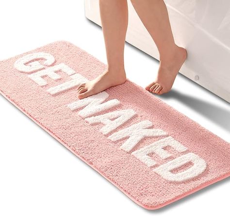 Amazon.com: Get Naked Bath Mat Cute Pink and White Bathroom Rugs Funny Non Slip Bathtub Decor Mats Super Absorbent Floor Carpet Machine Washable Bahtmat for Tub, Shower, Bedroom 18"x48" : Home & Kitchen White Bathroom Rugs, Pink And White Bathroom, White Bathroom Rug, Pink Bath Mat, Bathtub Decor, Pink Carpet, Tub Shower, Apartment Bathroom