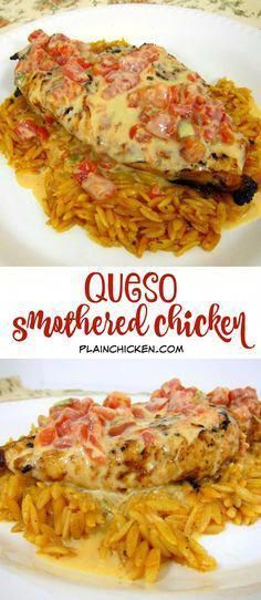 Queso Smothered Chicken, Chicken Smothered, Smothered Chicken, Plain Chicken, My Plate, Chicken Main Dishes, Poultry Recipes, Orzo, Tex Mex