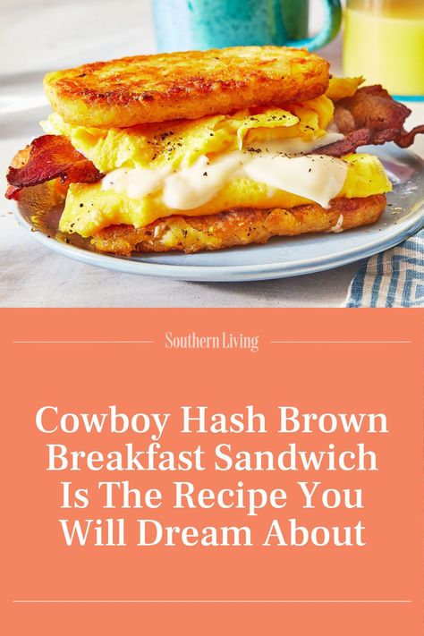 Our Cowboy Hash Brown Breakfast Sandwich features savory bacon and eggs between two crispy hash brown patties instead of bread. #breakfast #southernbreakfast #hashbrownsandwich #breakfastsandwich #brunch Hash Brown Patties Recipes, Hash Brown Breakfast Sandwich, Breakfast With Hashbrown Patties, Hashbrown Breakfast Sandwich, Hashbrown Patty Recipes, Loaded Hashbrown Patties, Hashbrown Patty Breakfast, Hashbrown Patties Recipes, Hashbrown Sandwich