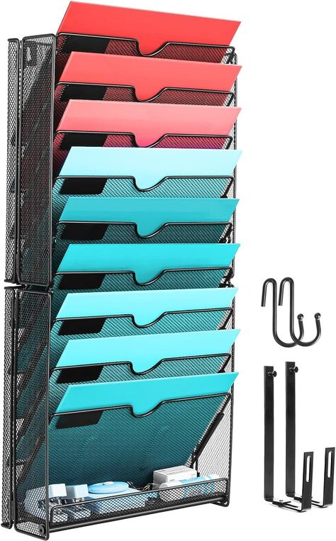 GALASALA Wall File Organizer, 10 Pockets Mesh Hanging File Organizer, Wall Mount File Holder With Hooks, Wall Organizer Magazine Rack for Office Supplies, Black Wall File Organizer, Wall File Holder, Hanging File Organizer, Magazine Organization, Wall File, File Organizer, Wall Organizer, File Holder, File Organiser