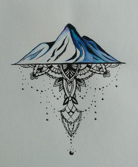 Mountains and mandala tattoo design Oceans And Mountains Tattoo, Sternum Mountain Tattoo, Mountain Mandala Tattoo, Mandala Mountain Tattoo, Ying Yang Tattoo Mountain, Ocean Meets Mountains Tattoo, Mountain Mandala, Spiritual Mountain Tattoo, Mountain Sleeve Tattoo