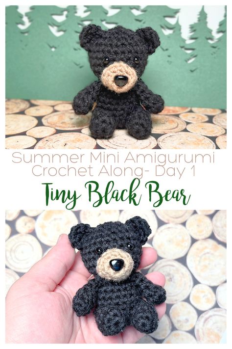 Day 1 of the camping themed Summer Mini Amigurumi Crochet Along with 5 Little Monsters is a Tiny Black Bear. This little black bear sits about 3" tall. The first of 12 camping themed mini amigurumi projects that will be part of this crochet along. Grizzly Bear Amigurumi Free Pattern, Arugami Crochet Small, Crochet Grizzly Bear Pattern Free, Small Crochet Bear Pattern, Mini Crochet Teddy Bear, Tiny Crochet Amigurumi, Crochet Grizzly Bear, Tiny Bear Crochet Pattern Free, Crochet Black Bear Pattern